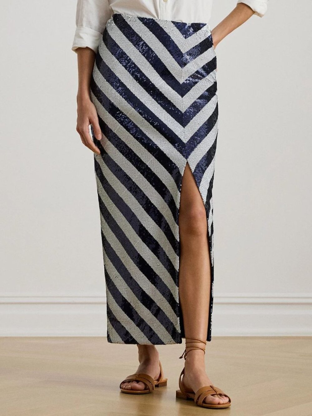 Lauren Ralph Lauren Striped Sequined Pencil Long Skirt
